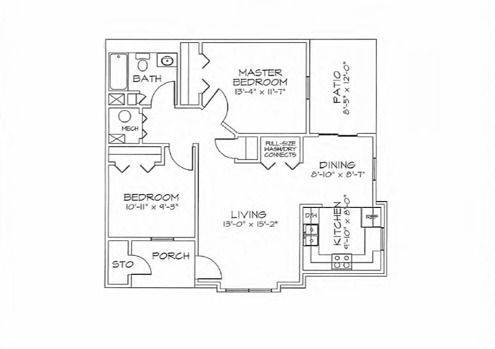 Floor plan for 2 beds, 1.5 baths, 901 sqft